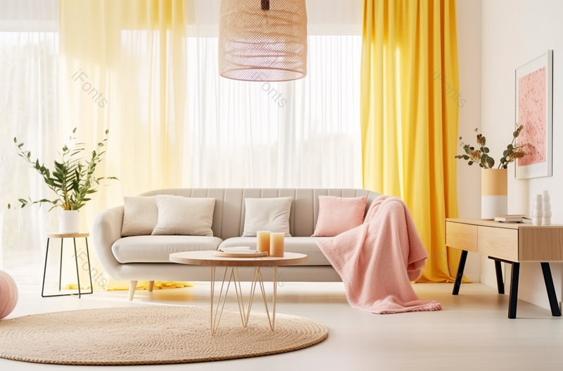 黄色温馨波西米亚式客厅拍摄沙发地毯边柜窗帘,高清,摄影图,摄影图片,图片大全,摄影图免费下载